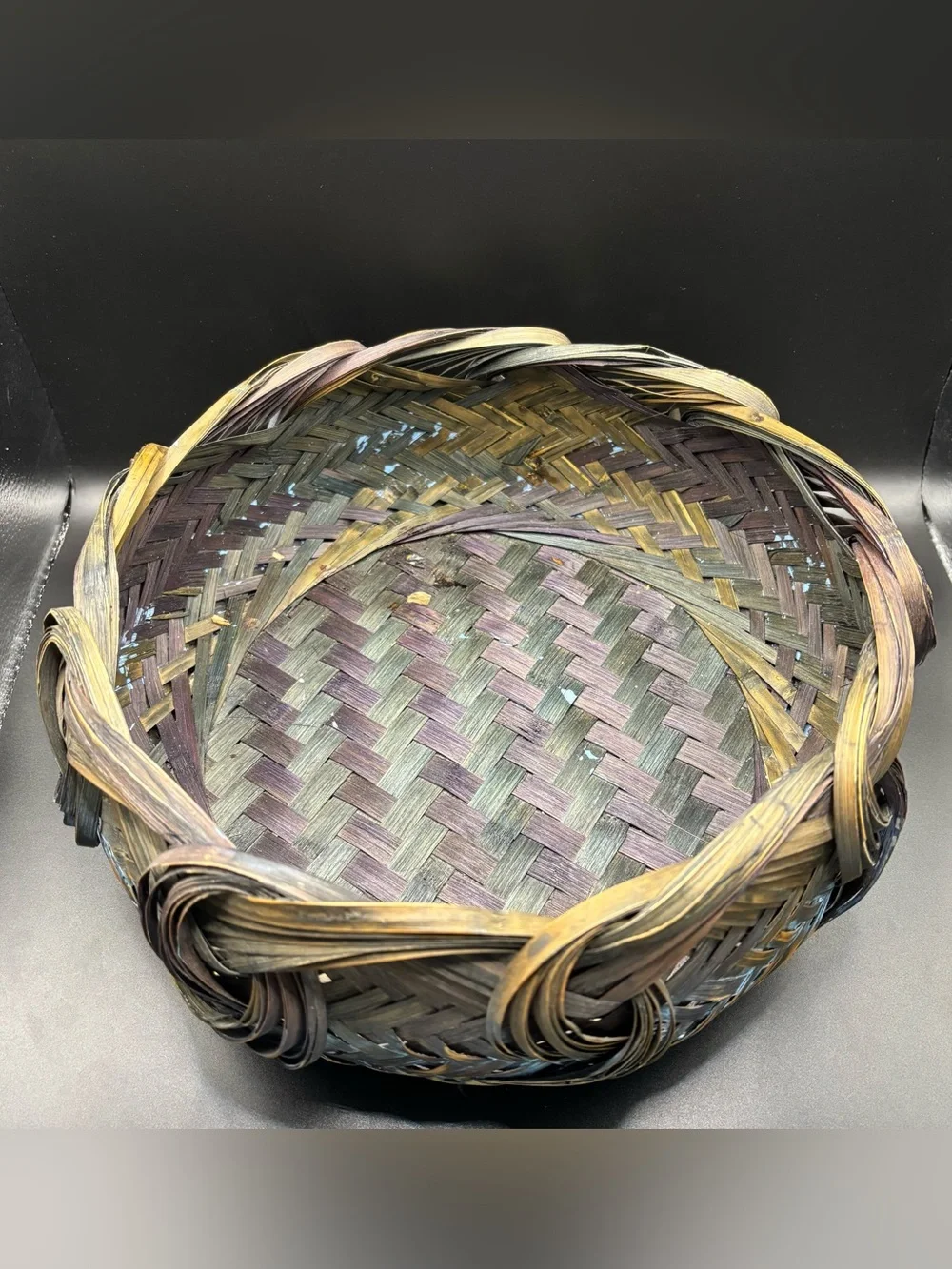 Vintage Japanese Ikebana Style Woven Bamboo Basket Bowl Smoked Patina